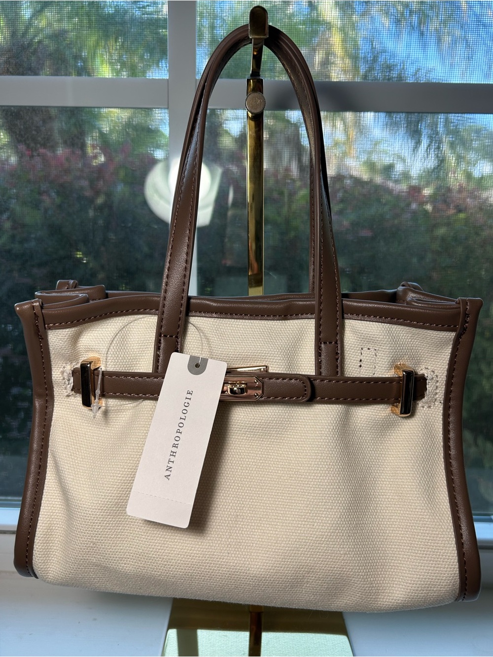 NWT🌷Anthropologie Cream Canvas Tote with Brown Trim and Gold Lock Hardware